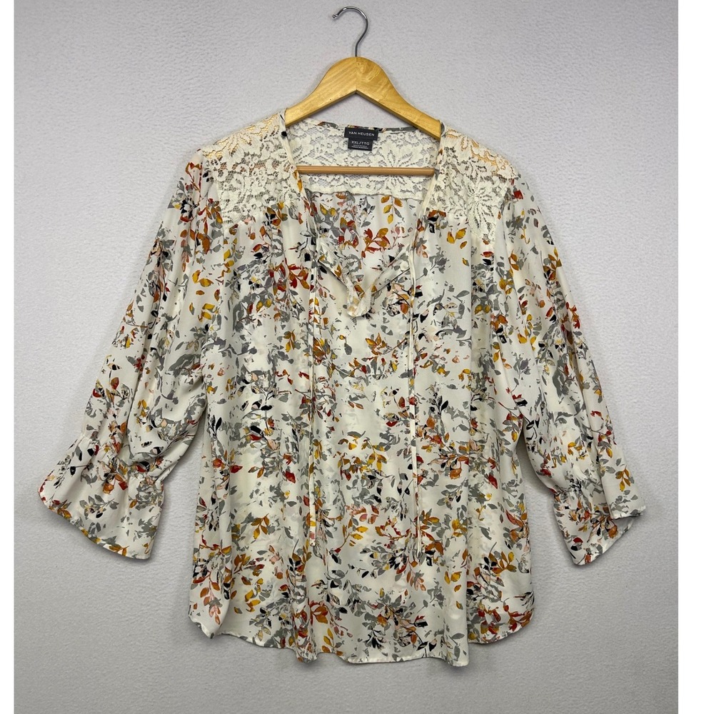 Boho Cottagecore Van Heusen Womens XXL White Floral Lace Trim Peasant Blouse